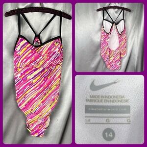 Vintage Nike One Piece Swimsuit Open Back Sz‎ 14 Colorful Geometric Pink Yellow